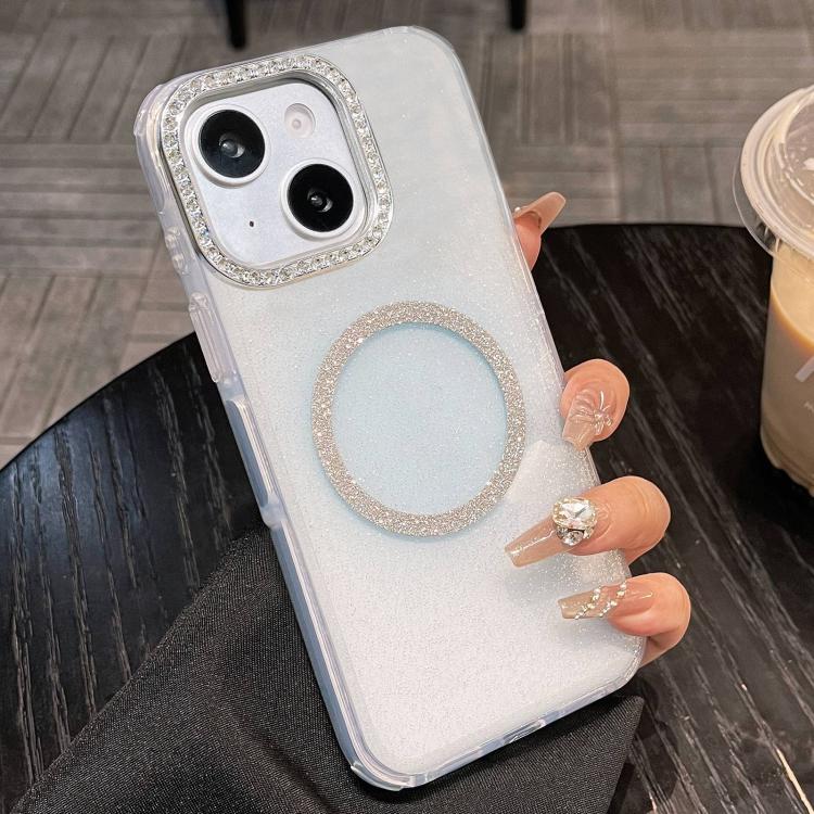 For iPhone 15 Plus Rounded Edge Semi-transparent Glitter MagSafe Phone Case