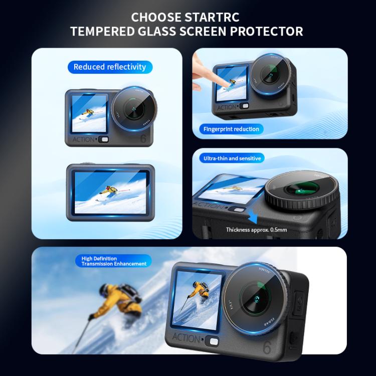 For DJI Osmo Action 6 STARTRC 3 in 1 Lens Protector Front and Rear Screen Tempered Glass Films - 2 Sets