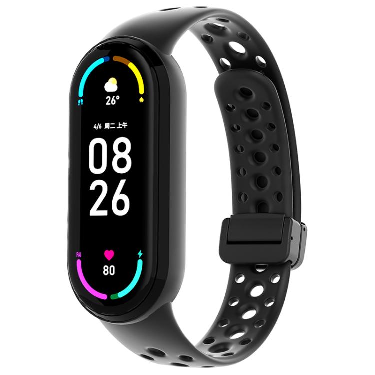 For Xiaomi Smart Band 10 / 9 / 8 Round Holes Magnetic Black Buckle Silicone Watch Band