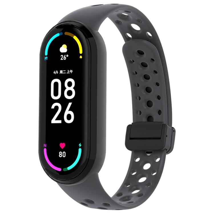 For Xiaomi Smart Band 10 / 9 / 8 Round Holes Magnetic Black Buckle Silicone Watch Band