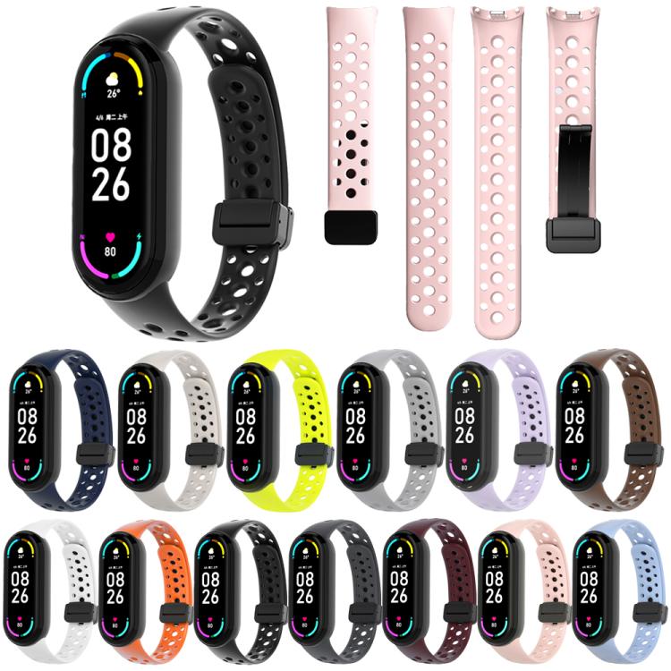 For Xiaomi Smart Band 10 / 9 / 8 Round Holes Magnetic Black Buckle Silicone Watch Band