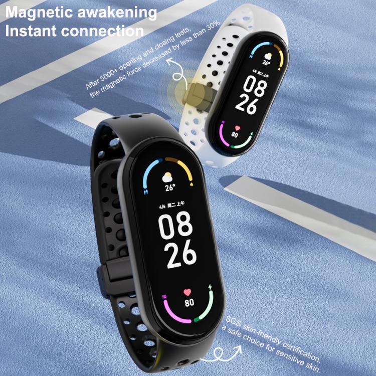 For Xiaomi Smart Band 10 / 9 / 8 Round Holes Magnetic Black Buckle Silicone Watch Band