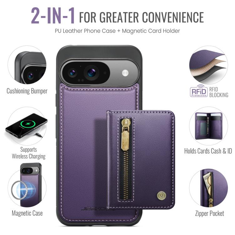 For Google Pixel 9 / 9 Pro JEEHOOD J12 Exquisite RFID MagSafe Zipper Card Bag Phone Case