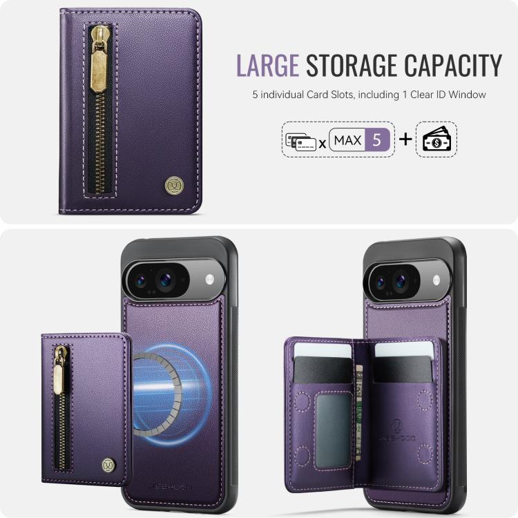 For Google Pixel 9 / 9 Pro JEEHOOD J12 Exquisite RFID MagSafe Zipper Card Bag Phone Case