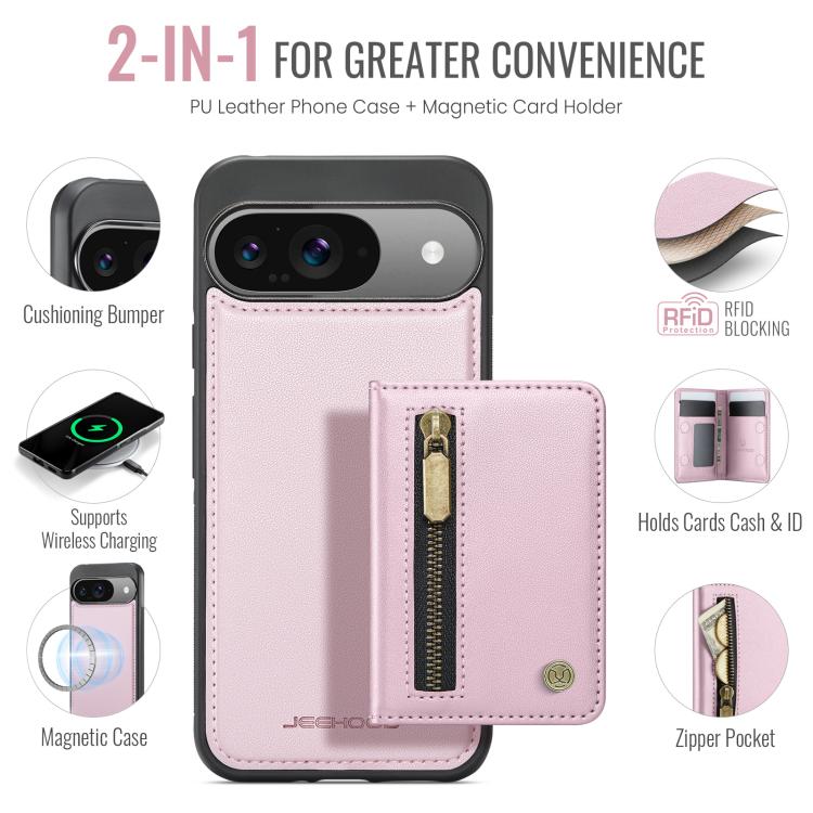 For Google Pixel 9 / 9 Pro JEEHOOD J12 Exquisite RFID MagSafe Zipper Card Bag Phone Case