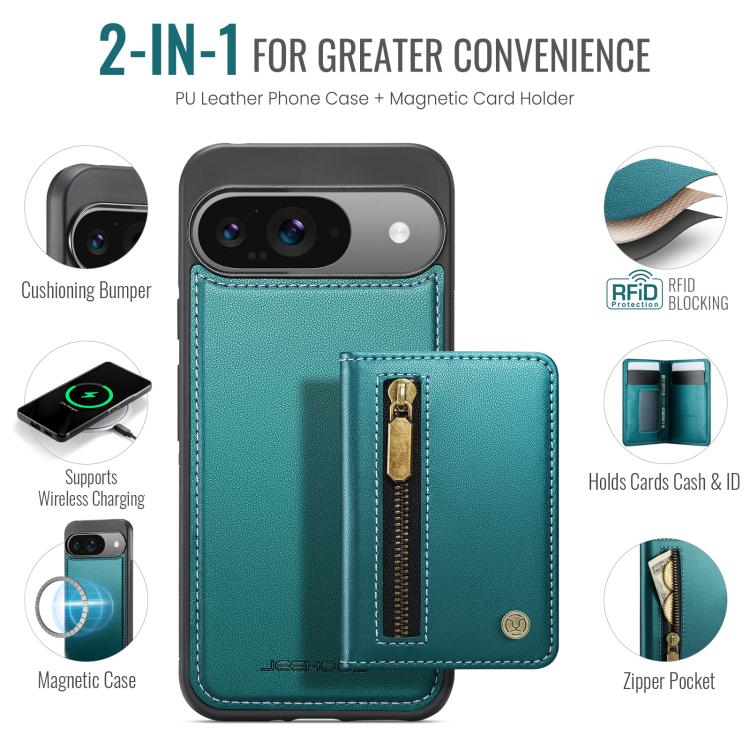 For Google Pixel 9 / 9 Pro JEEHOOD J12 Exquisite RFID MagSafe Zipper Card Bag Phone Case