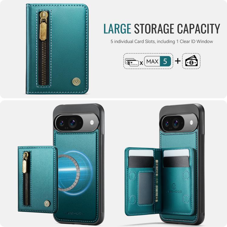 For Google Pixel 9 / 9 Pro JEEHOOD J12 Exquisite RFID MagSafe Zipper Card Bag Phone Case