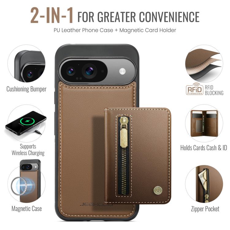 For Google Pixel 9 / 9 Pro JEEHOOD J12 Exquisite RFID MagSafe Zipper Card Bag Phone Case