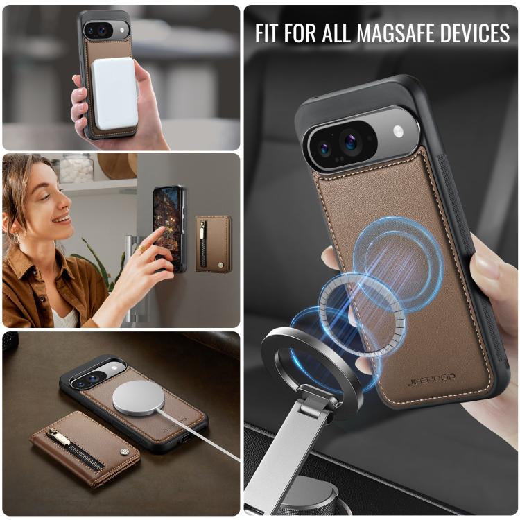 For Google Pixel 9 / 9 Pro JEEHOOD J12 Exquisite RFID MagSafe Zipper Card Bag Phone Case