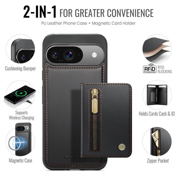 For Google Pixel 9 / 9 Pro JEEHOOD J12 Exquisite RFID MagSafe Zipper Card Bag Phone Case