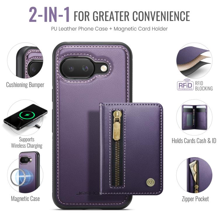 For Google Pixel 9a JEEHOOD J12 Exquisite RFID MagSafe Zipper Card Bag Phone Case