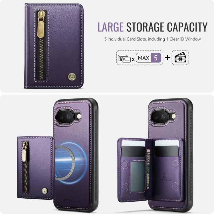 For Google Pixel 9a JEEHOOD J12 Exquisite RFID MagSafe Zipper Card Bag Phone Case