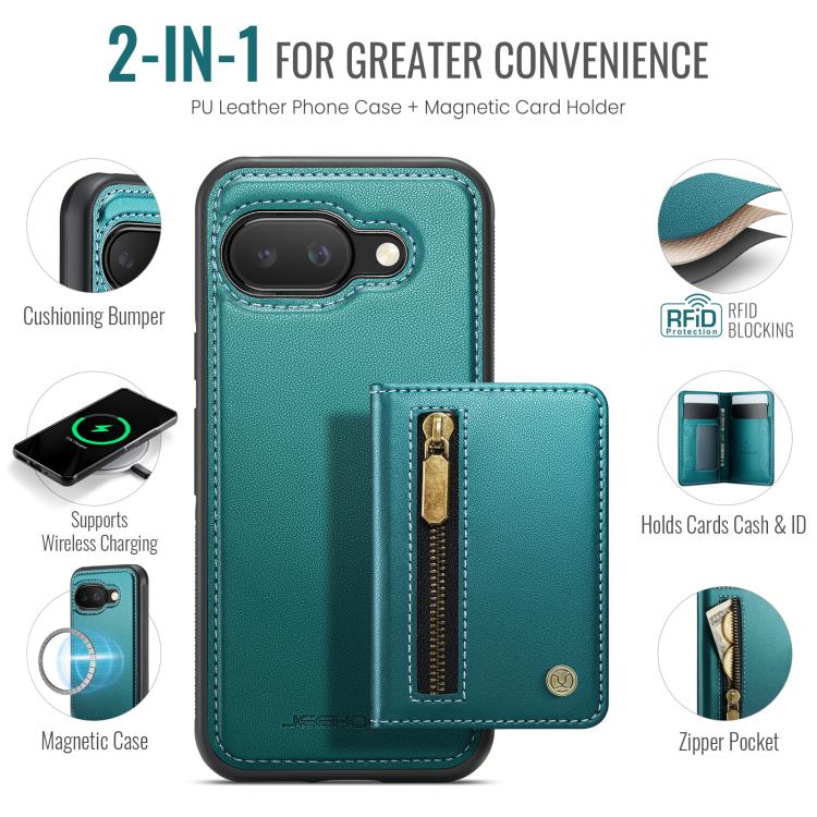 For Google Pixel 9a JEEHOOD J12 Exquisite RFID MagSafe Zipper Card Bag Phone Case