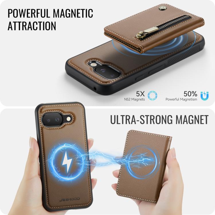 For Google Pixel 9a JEEHOOD J12 Exquisite RFID MagSafe Zipper Card Bag Phone Case