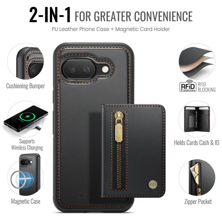 For Google Pixel 9a JEEHOOD J12 Exquisite RFID MagSafe Zipper Card Bag Phone Case