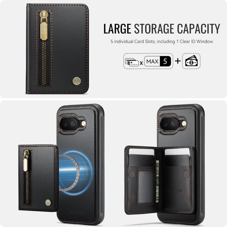 For Google Pixel 9a JEEHOOD J12 Exquisite RFID MagSafe Zipper Card Bag Phone Case