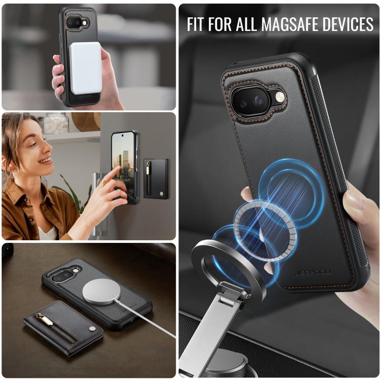 For Google Pixel 9a JEEHOOD J12 Exquisite RFID MagSafe Zipper Card Bag Phone Case