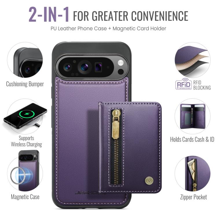 For Google Pixel 9 Pro XL JEEHOOD J12 Exquisite RFID MagSafe Zipper Card Bag Phone Case