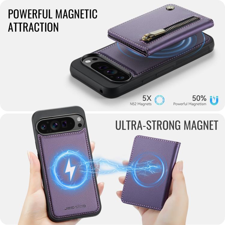 For Google Pixel 9 Pro XL JEEHOOD J12 Exquisite RFID MagSafe Zipper Card Bag Phone Case