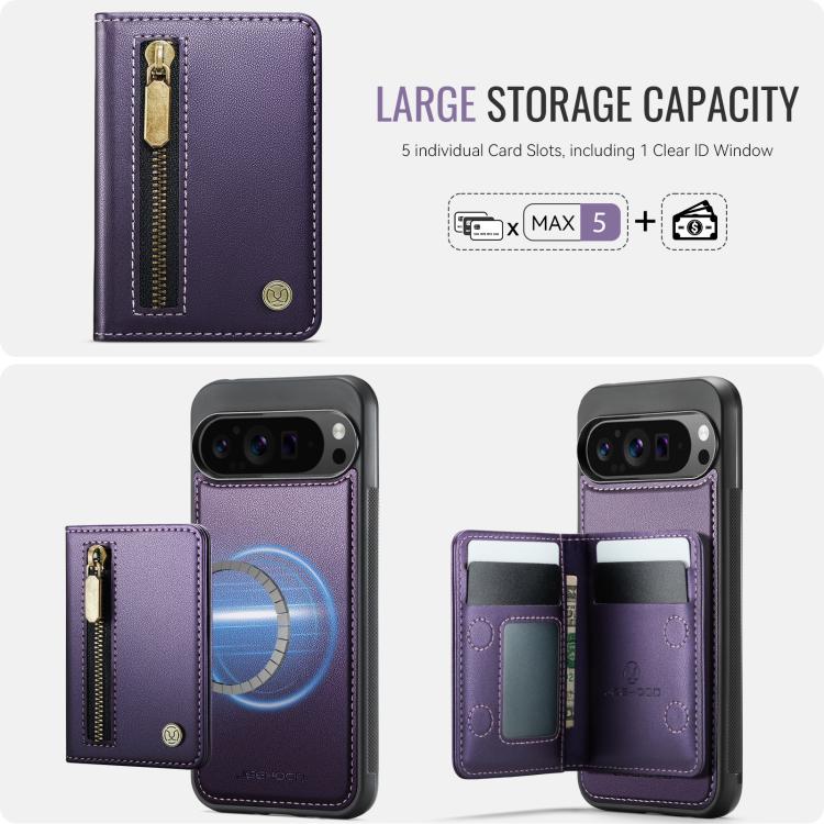 For Google Pixel 9 Pro XL JEEHOOD J12 Exquisite RFID MagSafe Zipper Card Bag Phone Case