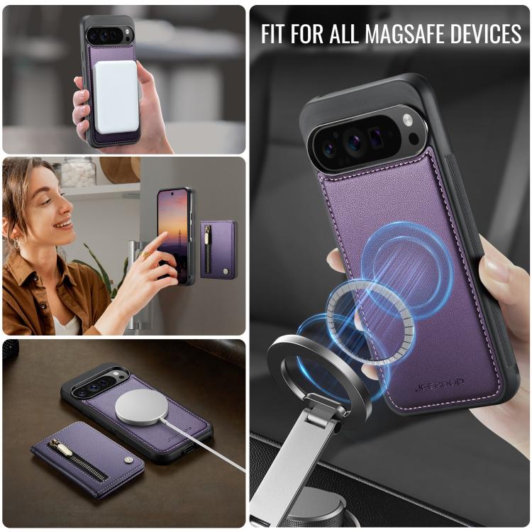 For Google Pixel 9 Pro XL JEEHOOD J12 Exquisite RFID MagSafe Zipper Card Bag Phone Case