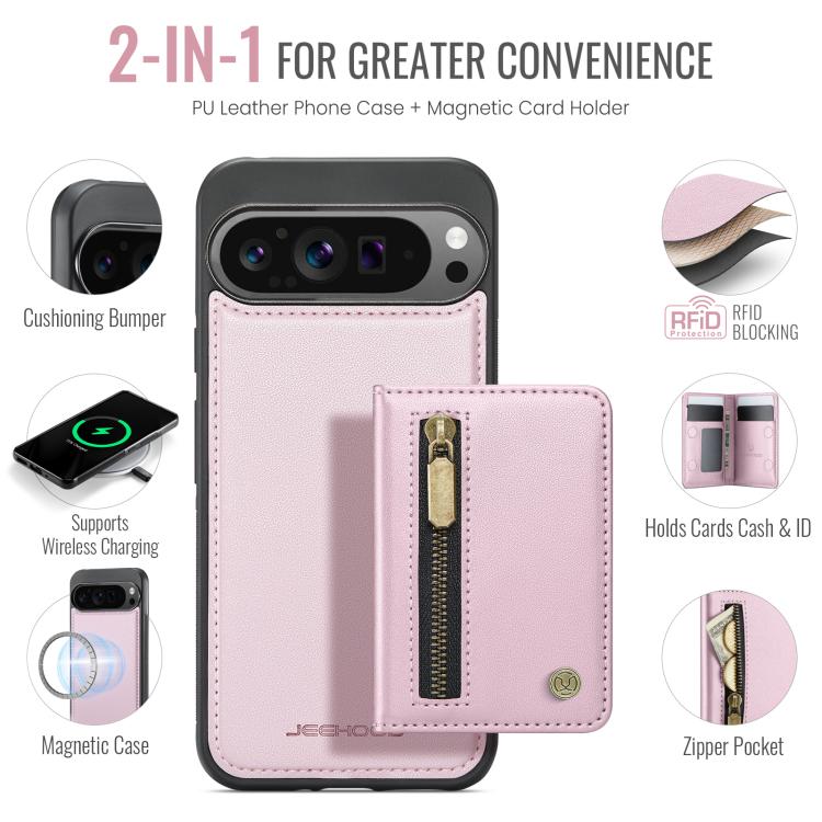 For Google Pixel 9 Pro XL JEEHOOD J12 Exquisite RFID MagSafe Zipper Card Bag Phone Case