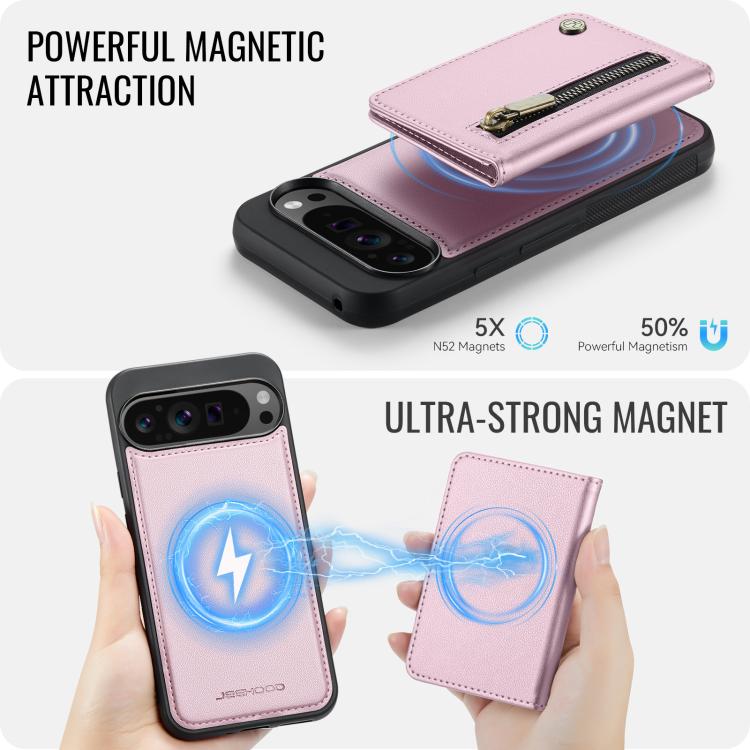 For Google Pixel 9 Pro XL JEEHOOD J12 Exquisite RFID MagSafe Zipper Card Bag Phone Case