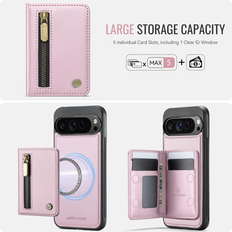 For Google Pixel 9 Pro XL JEEHOOD J12 Exquisite RFID MagSafe Zipper Card Bag Phone Case