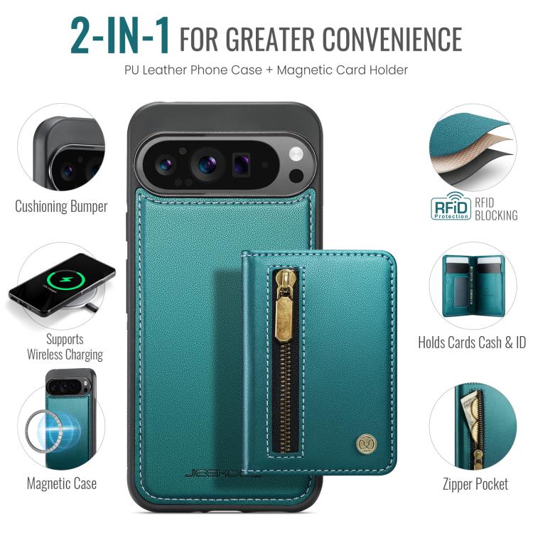 For Google Pixel 9 Pro XL JEEHOOD J12 Exquisite RFID MagSafe Zipper Card Bag Phone Case