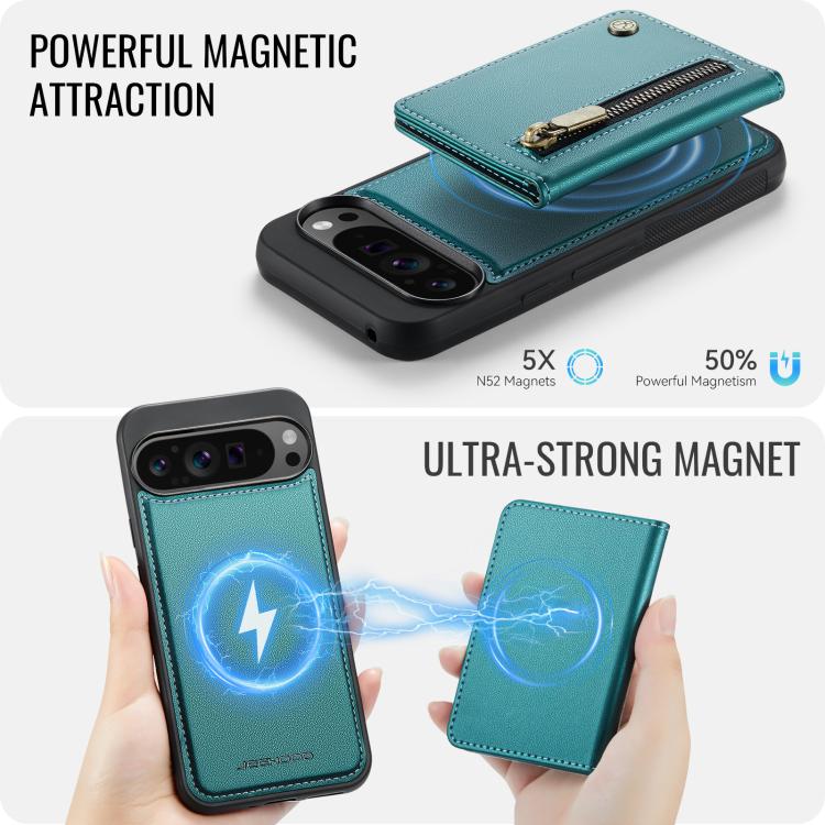 For Google Pixel 9 Pro XL JEEHOOD J12 Exquisite RFID MagSafe Zipper Card Bag Phone Case