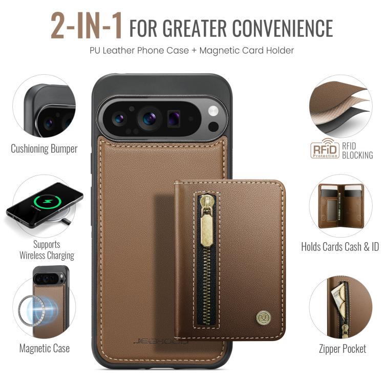 For Google Pixel 9 Pro XL JEEHOOD J12 Exquisite RFID MagSafe Zipper Card Bag Phone Case