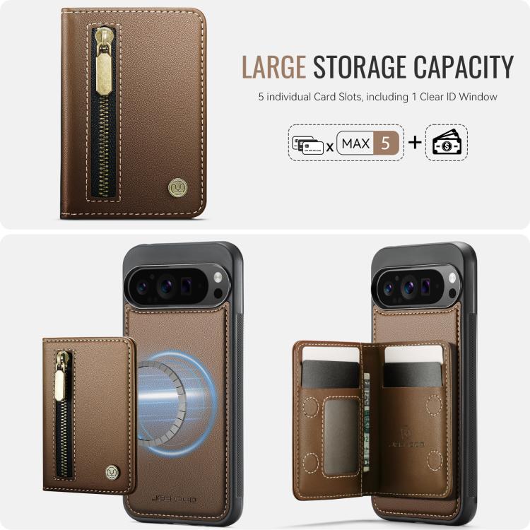 For Google Pixel 9 Pro XL JEEHOOD J12 Exquisite RFID MagSafe Zipper Card Bag Phone Case