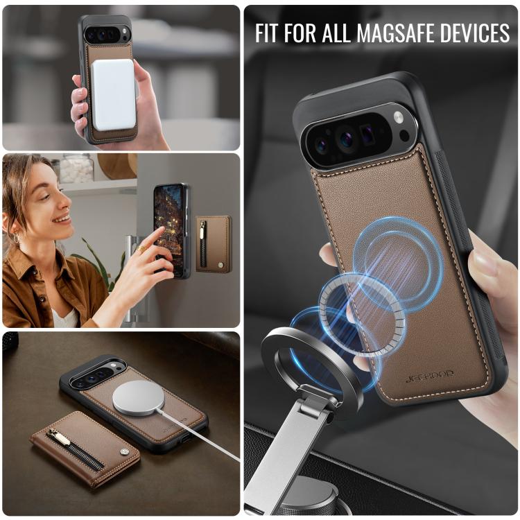 For Google Pixel 9 Pro XL JEEHOOD J12 Exquisite RFID MagSafe Zipper Card Bag Phone Case
