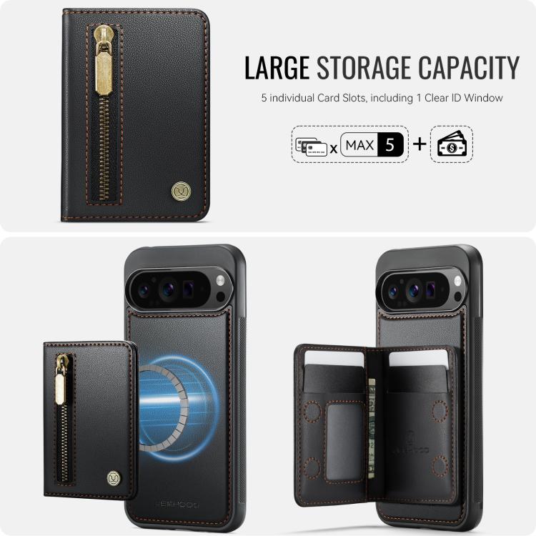 For Google Pixel 9 Pro XL JEEHOOD J12 Exquisite RFID MagSafe Zipper Card Bag Phone Case