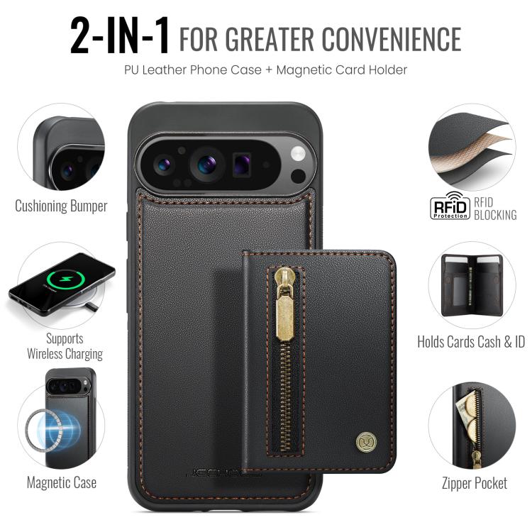 For Google Pixel 10 Pro XL JEEHOOD J12 Exquisite RFID MagSafe Zipper Card Bag Phone Case