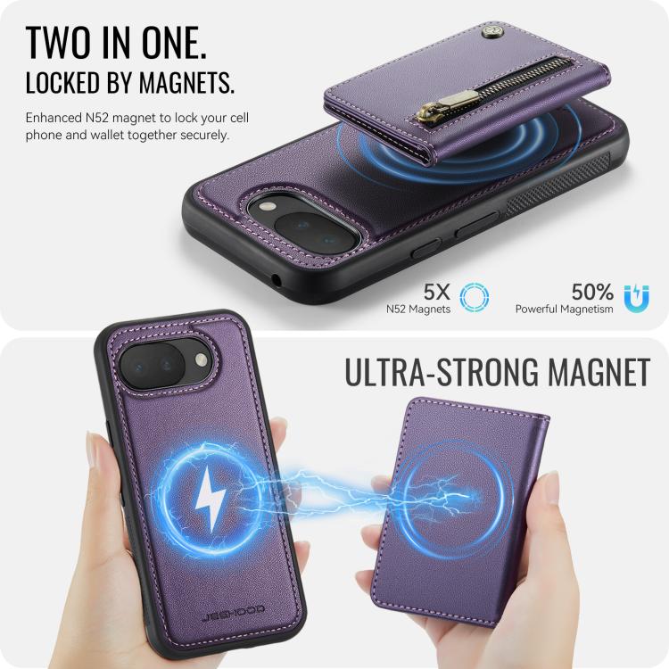 For Google Pixel 10a JEEHOOD J12 Exquisite RFID MagSafe Zipper Card Bag Phone Case