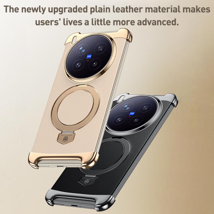 For vivo X300 Pro Borderless MagSafe Ring Holder Plain Leather Phone Case