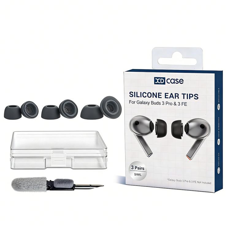 For Samsung Galaxy Buds3 Pro XDcase 3 Pairs Silicone Ear Tips S/M/L Size with Storage & Cleaning Kit, Cleaning Brush Color Random - Dark gray