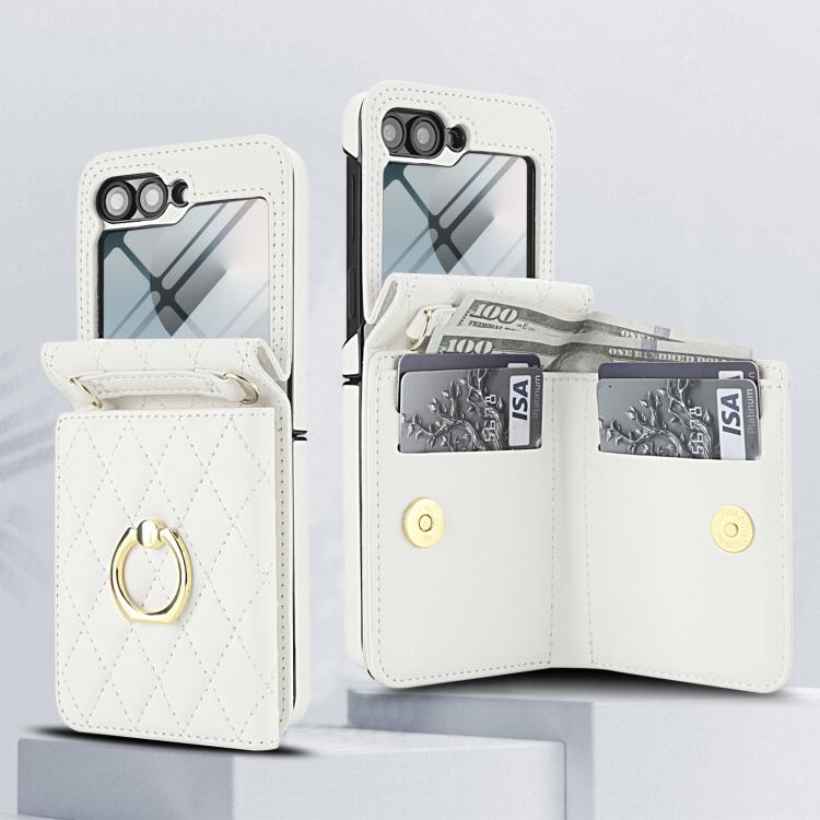 For Samsung Galaxy Z Flip6 5G Integrated Rhombic Texture Ring RFID Card Bag Phone Case with Long Lanyard