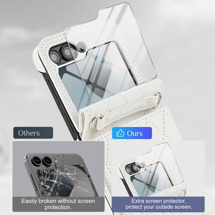 For Samsung Galaxy Z Flip6 5G Integrated Rhombic Texture Ring RFID Card Bag Phone Case with Long Lanyard