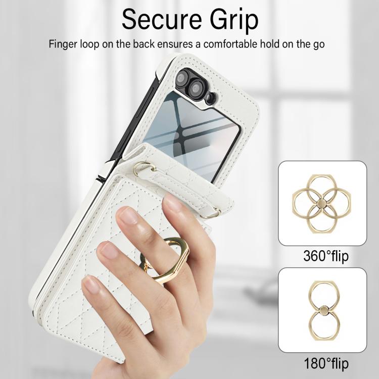 For Samsung Galaxy Z Flip6 5G Integrated Rhombic Texture Ring RFID Card Bag Phone Case with Long Lanyard