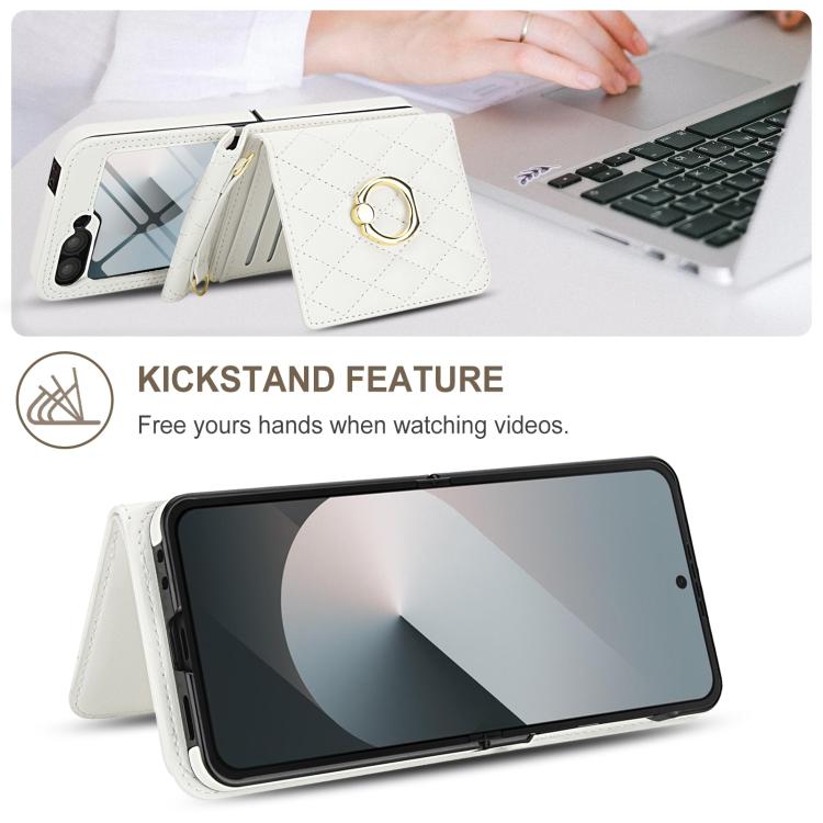For Samsung Galaxy Z Flip6 5G Integrated Rhombic Texture Ring RFID Card Bag Phone Case with Long Lanyard