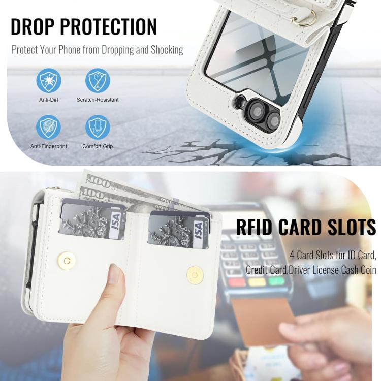 For Samsung Galaxy Z Flip6 5G Integrated Rhombic Texture Ring RFID Card Bag Phone Case with Long Lanyard