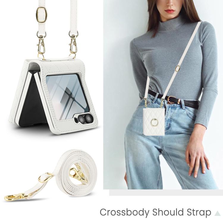 For Samsung Galaxy Z Flip6 5G Integrated Rhombic Texture Ring RFID Card Bag Phone Case with Long Lanyard