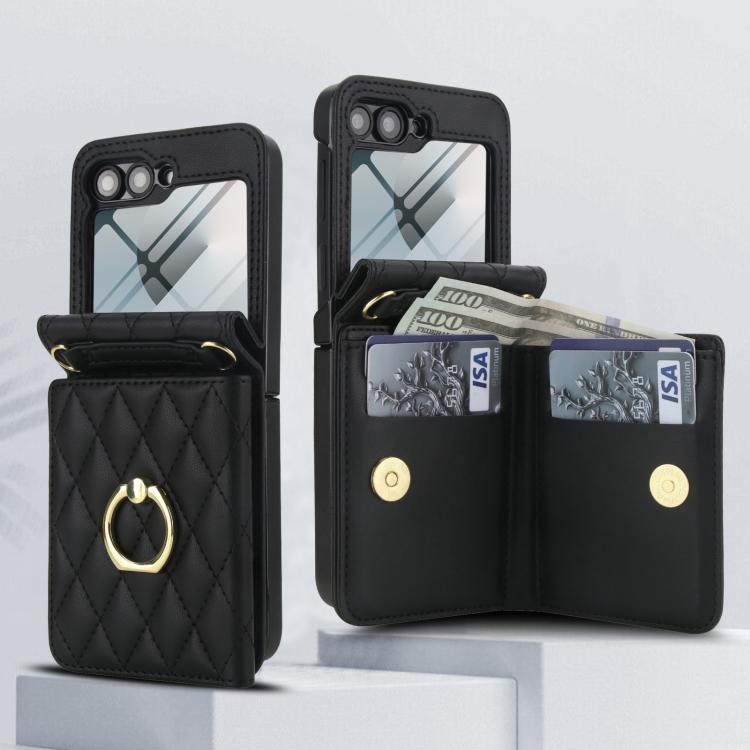 For Samsung Galaxy Z Flip6 5G Integrated Rhombic Texture Ring RFID Card Bag Phone Case with Long Lanyard