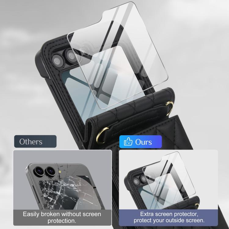 For Samsung Galaxy Z Flip6 5G Integrated Rhombic Texture Ring RFID Card Bag Phone Case with Long Lanyard