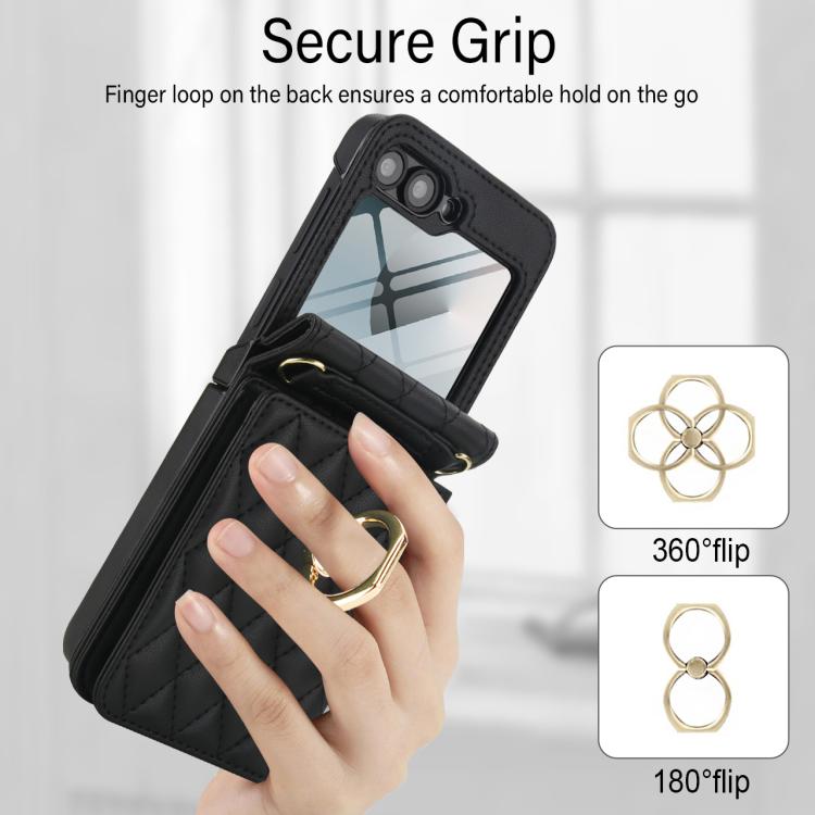 For Samsung Galaxy Z Flip6 5G Integrated Rhombic Texture Ring RFID Card Bag Phone Case with Long Lanyard