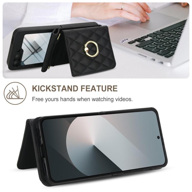 For Samsung Galaxy Z Flip6 5G Integrated Rhombic Texture Ring RFID Card Bag Phone Case with Long Lanyard