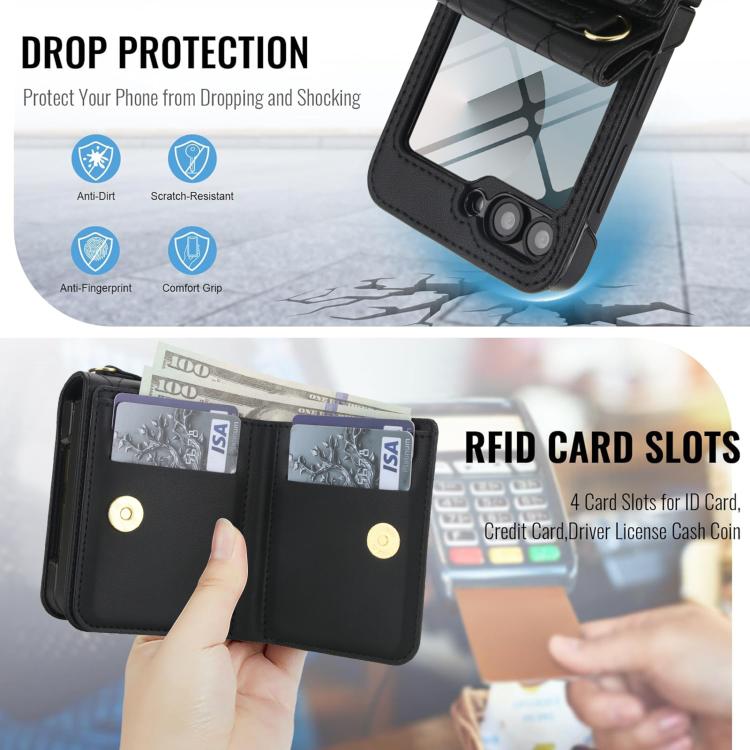 For Samsung Galaxy Z Flip6 5G Integrated Rhombic Texture Ring RFID Card Bag Phone Case with Long Lanyard