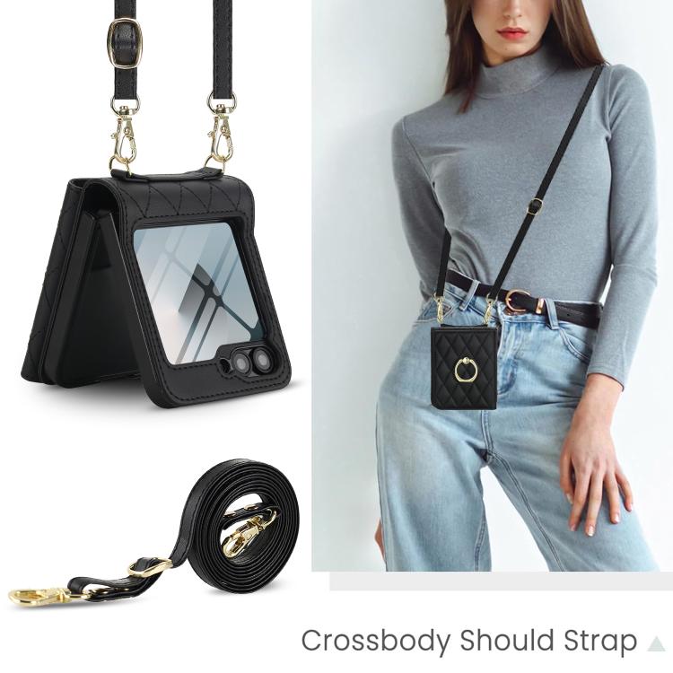 For Samsung Galaxy Z Flip6 5G Integrated Rhombic Texture Ring RFID Card Bag Phone Case with Long Lanyard